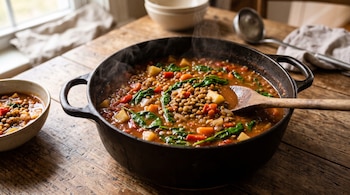 Olla de hierro con guiso de lentejas y verduras humeante, una cuchara de madera y un cuenco sobre una mesa de madera rústica.