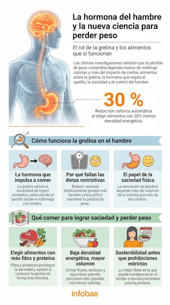 Infografía que muestra el sistema digestivo y cerebral, con paneles sobre la grelina, dietas restrictivas, saciedad, y alimentos ricos en fibra y proteína para perder peso.