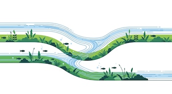 Ilustración minimalista de ríos azules sinuosos fluyendo entre bandas de vegetación verde, con peces y plantas acuáticas, sobre un fondo blanco.