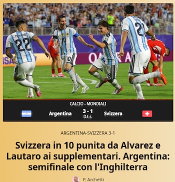 Titular de noticia sobre deporte, fútbol y Copa Mundial. Texto: Argentina 3 Suiza 1. Jugadores Messi, Álvarez, Martínez. Semifinal contra Inglaterra