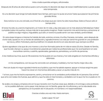 Comunicado para anunciar su retiro
