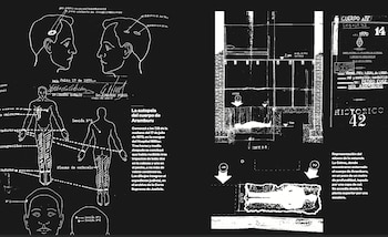 Dos páginas de libro muestran diagramas de la autopsia del cuerpo de Aramburu con heridas y texto, y un plano arquitectónico de su fosa en la estancia La Celma