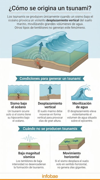 Infografía que explica el origen de los tsunamis, mostrando diagramas de sismos bajo el océano, desplazamiento vertical y horizontal del suelo marino.