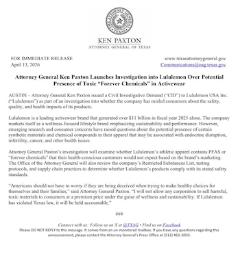 El comunicado precisa que la Oficina del Fiscal General examinará si la comercialización que realiza la marca pudo inducir a error a clientes preocupados por la seguridad. Foto: X @KenPaxtonTX