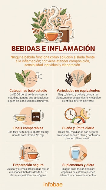 Infografía con el título Bebidas e Inflamación y seis secciones con ilustraciones de plantas, tazas de café, un reloj y un termómetro.