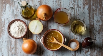 Cebollas enteras y cortadas, aceite de oliva, harina, caldo, vino, sal, pimienta y un cuenco con salsa de cebolla, sobre una superficie de madera.