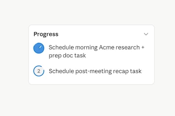 Captura de pantalla de una tarjeta con título Progress. Dos tareas están listadas con iconos: un reloj azul con el número uno y un círculo azul con el número dos