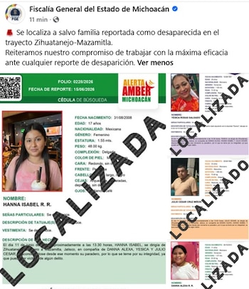 Las fichas de búsqueda de los integrantes de la familia fueron marcadas como “localizados” tras confirmarse su aparición. (Facebook Fiscalía de Michoacán)