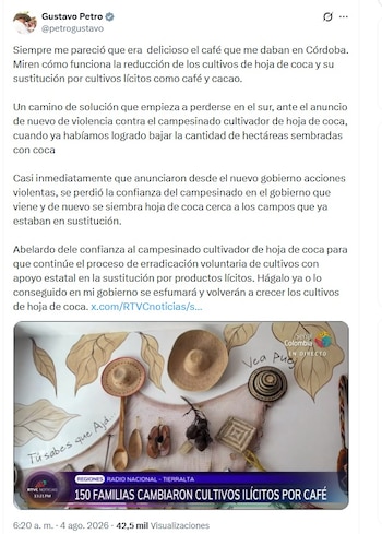 Petro le hizo la petición a De la Espriella mediante un mensaje que compartió en su cuenta de X la mañana del martes 4 de agosto de 2026 - crédito @petrogustavo/X