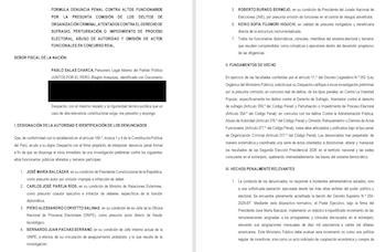 Documento legal en papel blanco con texto impreso en negro, un encabezado de denuncia penal y listado de funcionarios denunciados, secciones numeradas