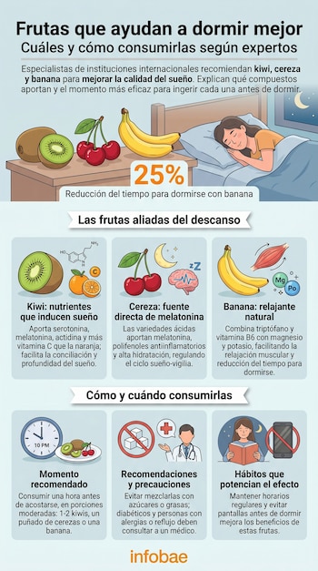 Infografía con una mujer durmiendo plácidamente en la cama y kiwis, cerezas y bananas en una mesa. Se detallan los beneficios de estas frutas para el sueño.