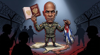 Caricatura de un hombre con uniforme militar ruso, un pasaporte abierto, una bandera cubana desgastada, un mapa y siluetas de soldados.
