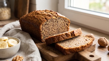 Un pan de plátano sobre una tabla de madera con dos rebanadas cortadas, un tazón con plátano en rodajas y varias nueces esparcidas.