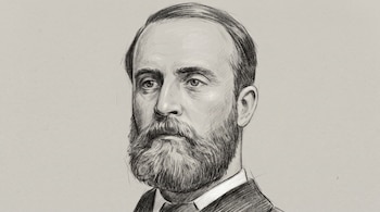 Dibujo a lápiz en blanco y negro del rostro de un hombre con barba, bigote y traje oscuro.