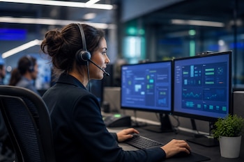 Una mujer con auriculares y micrófono sentada frente a dos monitores de computadora con gráficos y un teclado en un escritorio de oficina.