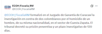 La Fiscalía destaca la brutalidad del crimen, con tortura previa a la decapitación, y lo asocia a un ajuste de cuentas narco - crédito @ECOH_FiscaliaRM/X
