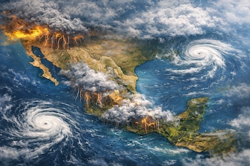 Vista aérea de México y Centroamérica con nubes de tormenta y relámpagos sobre la tierra. Dos grandes huracanes se observan en los océanos adyacentes.