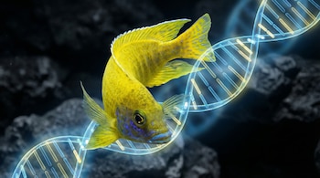 Um peixe amarelo com manchas azuis no rosto e nas nadadeiras, nadando perto de uma estrutura de DNA de dupla hélice brilhante contra um fundo escuro e desfocado.