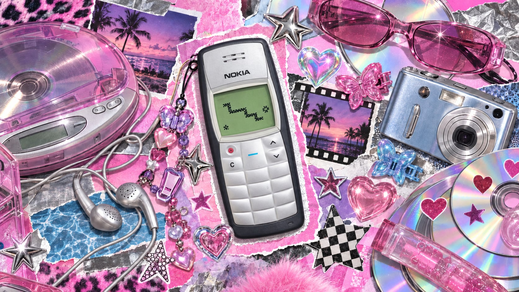 Un teléfono móvil Nokia encabeza una composición de accesorios y dispositivos tecnológicos de principios de la década de 2000 sobre un fondo rosado.