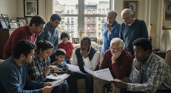 Varias personas de diversas edades, incluyendo niños y ancianos, se congregan en un salón, observando papeles y un contrato de alquiler. Edificios de Nueva York al fondo.