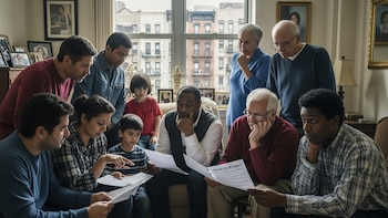 Familias diversas analizan contrato de alquiler con preocupación en apartamento de Nueva York - VisualesIA ScribNews