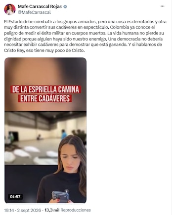 Mafe Carrascal cuestionó la exhibición de cadáveres tras la operación Azarías - crédito @MafeCarrascal/X