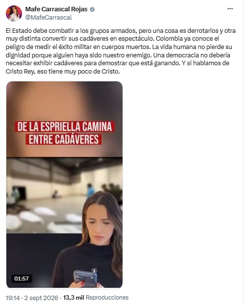 Mafe Carrascal cuestionó la exhibición de cadáveres tras la operación Azarías - crédito @MafeCarrascal/X