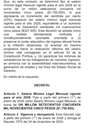 El salario mínimo de 2026