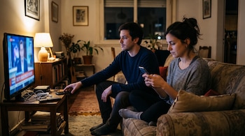 Un hombre y una mujer están sentados en un sofá frente a un televisor encendido; ella sostiene un teléfono móvil y él apoya el suyo en la mesa.