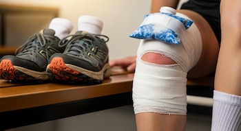 Rodilla vendada con compresa fría y piel enrojecida. Zapatillas deportivas grises con calcetines blancos se encuentran sobre una superficie de madera.