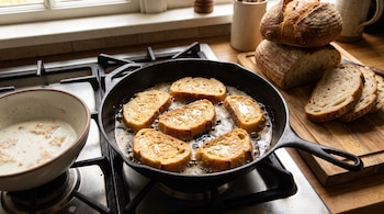 Sartén de hierro fundido con seis rebanadas de pan friéndose, cuenco con leche y migas, dos panes enteros y un pan rebanado sobre tabla de madera.