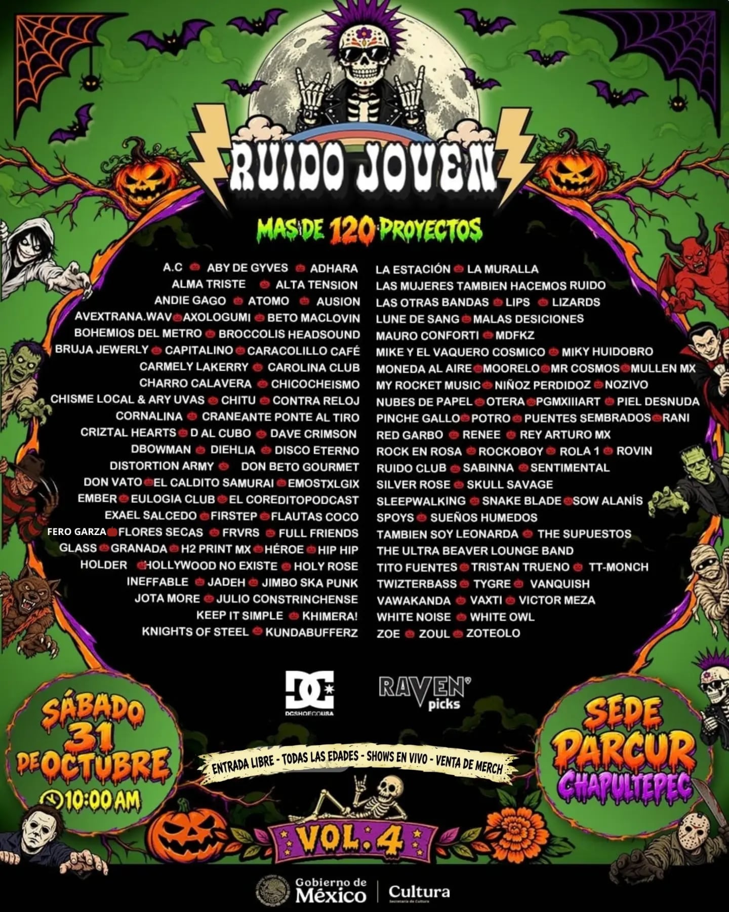 El cartel del evento musical Ruido Joven Vol. 4 anuncia la presentación de más de 120 proyectos el 31 de octubre en PARCUR Chapultepec. (Ruido Joven vol. 4/redes sociales)