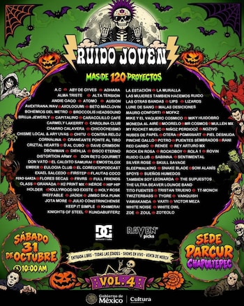 Cartel con ilustraciones de personajes de terror y calabazas, el título Ruido Joven y una lista con nombres de grupos musicales