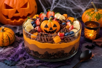 Recipiente de vidrio con postre en capas de chocolate y calabaza, cubierto con frutas, rodeado de calabazas de Halloween y adornos.