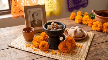 Sahumador de barro negro con copal, flores de cempasúchil, pan de muerto, un vaso de barro y un retrato enmarcado sobre una mesa de madera.