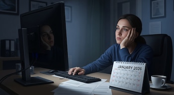 Mujer con expresión pensativa, mano en mejilla, en escritorio frente a computadora. Un calendario de enero de 2026 y una taza de café son visibles.