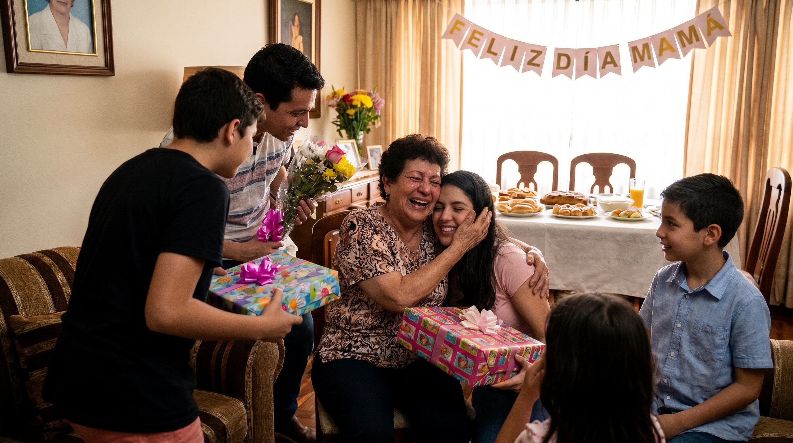 Una madre colombiana sonríe feliz mientras su familia le entrega regalos y flores durante una emotiva celebración del Día de la Madre en su hogar. (Imagen Ilustrativa Infobae)