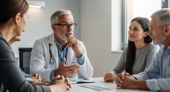 Un médico de unos 60 años con bata blanca y anteojos habla y gesticula en una mesa con dos mujeres y un hombre adulto, en un entorno hospitalario.