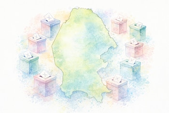 Ilustración estilo acuarela de un mapa del estado de Coahuila en tonos verdes y azules, rodeado por diez urnas electorales de colores pastel.