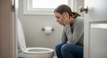 Mujer sentada en el suelo de un baño junto a un inodoro blanco, con expresión preocupada. Lleva camiseta gris y jeans. Se ven un portarrollos y una ventana.