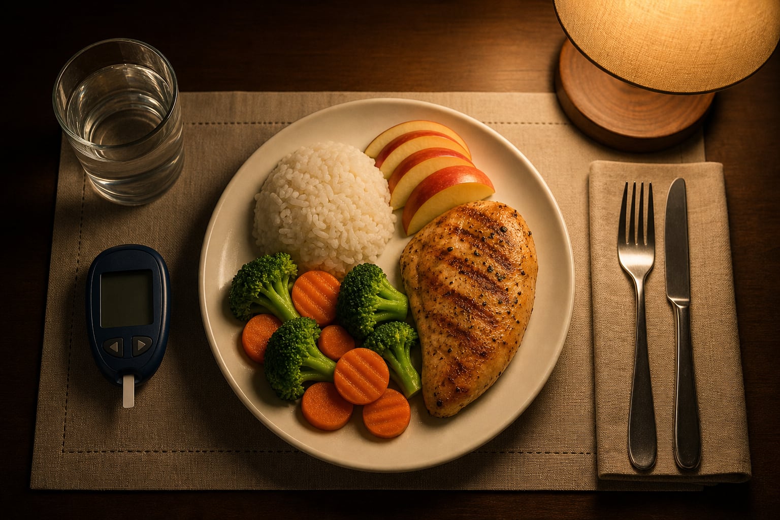 Un plato balanceado con pollo, arroz, verduras y manzana se dispone junto a un glucómetro sobre una mesa iluminada por una lámpara nocturna. (Imagen Ilustrativa Infobae)
