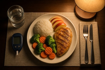 Plato con pechuga de pollo, arroz, brócoli, zanahoria y manzana, junto a un vaso de agua, cubiertos y un glucómetro sobre una mesa.