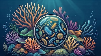 Ilustración de un ecosistema submarino con corales, algas y un círculo central que contiene varias formas de microorganismos como bacterias y virus.