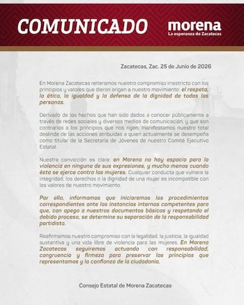 En su comunicado, Morena se deslindó de los hechos vistos en los materiales difundido en redes y condenó los actos de violencia. (Morena Zacatecas)