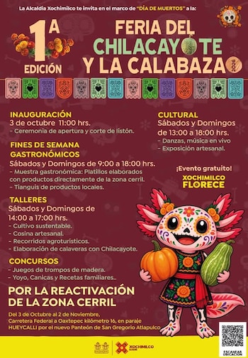 Cartel promocional con el programa de un evento cultural y la ilustración de un ajolote caracterizado como calavera que sostiene una calabaza