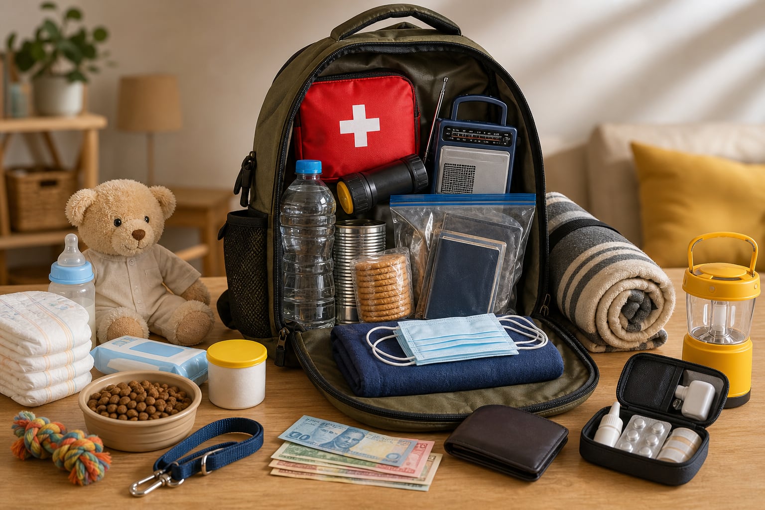 Una mochila de emergencia reúne alimentos no perecederos, botiquín de primeros auxilios y suministros para la familia y las mascotas ante desastres naturales. (Imagen Ilustrativa Infobae)