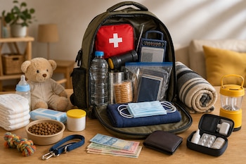 Mochila abierta sobre una mesa de madera con botiquín rojo, linterna, radio, botella de agua, alimentos, mascarillas, billetera y un peluche.