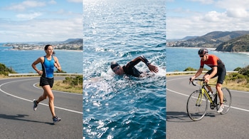 Tres fotos continuas muestran a una mujer que corre en una ruta, a un hombre que nada en el mar y a un hombre que anda en bicicleta.