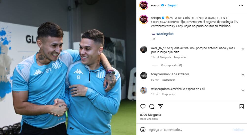 El colombiano ya se encuentra en pre-temporada con Racing de Avellaneda - crédito @scespn / Instagram