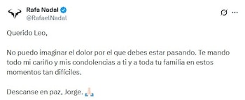 La publicación en X de Rafael Nadal por la muerte de Jorge Messi
